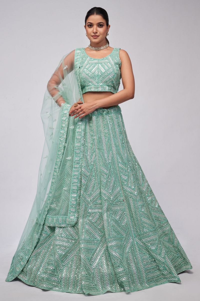 Solid Net Fabric Sequins Work On Lehenga In Sea Green Color