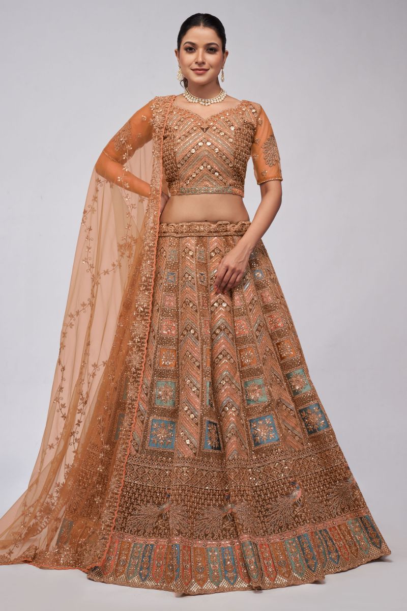 Sequins Work Brown Color Net Fabric Beauteous Lehenga