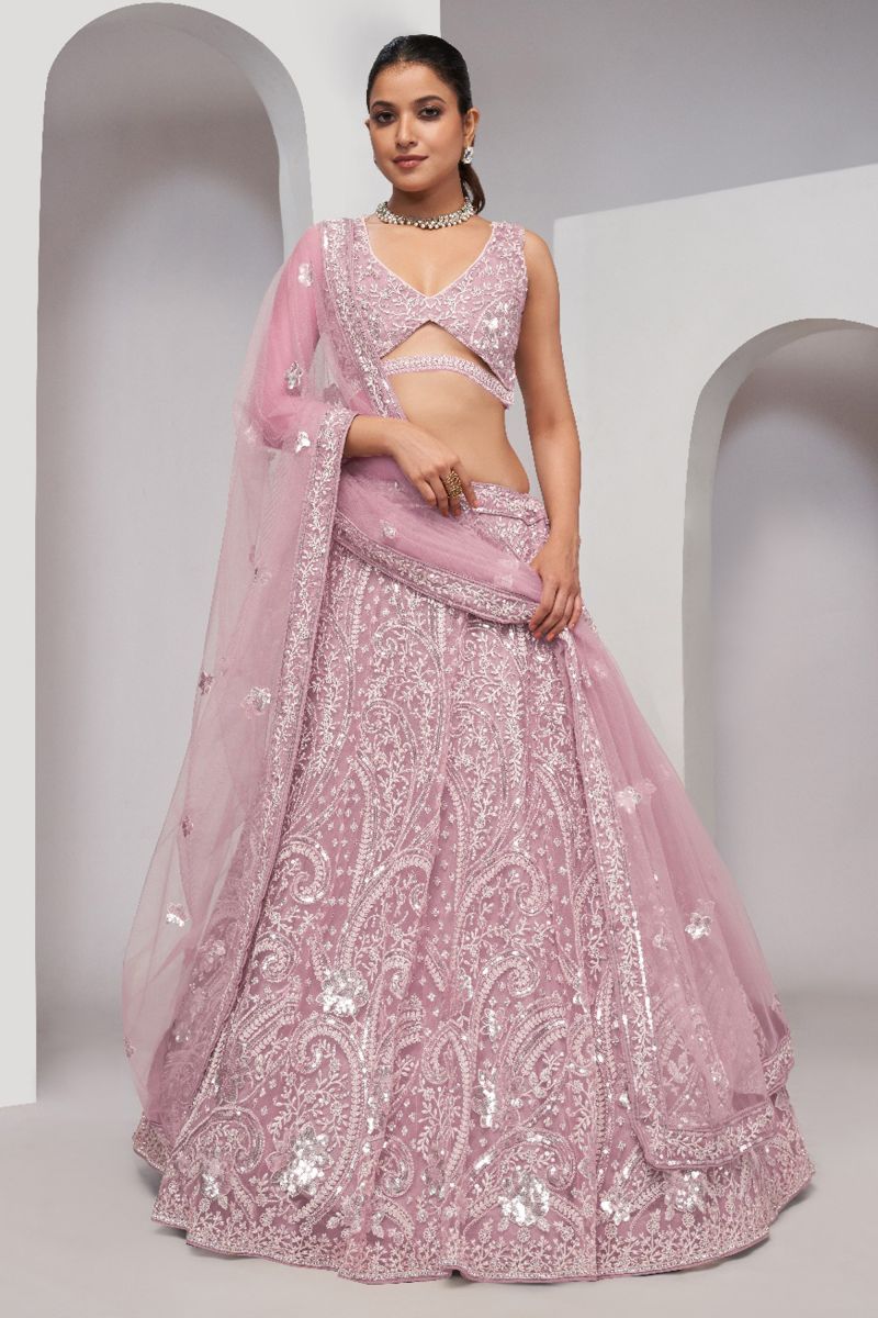 Pink Color Net Fabric Special Lehenga With Sequins Work