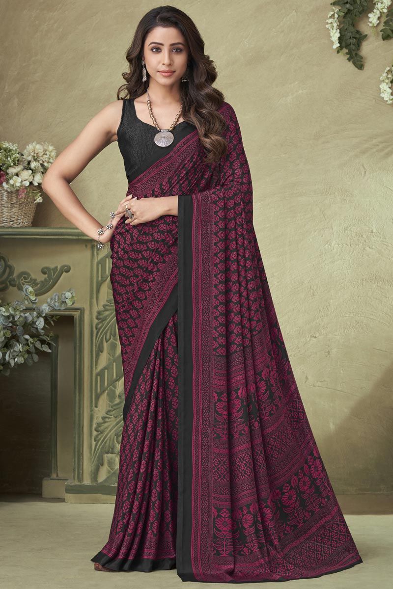 Black Color Crepe Silk Printed Saree