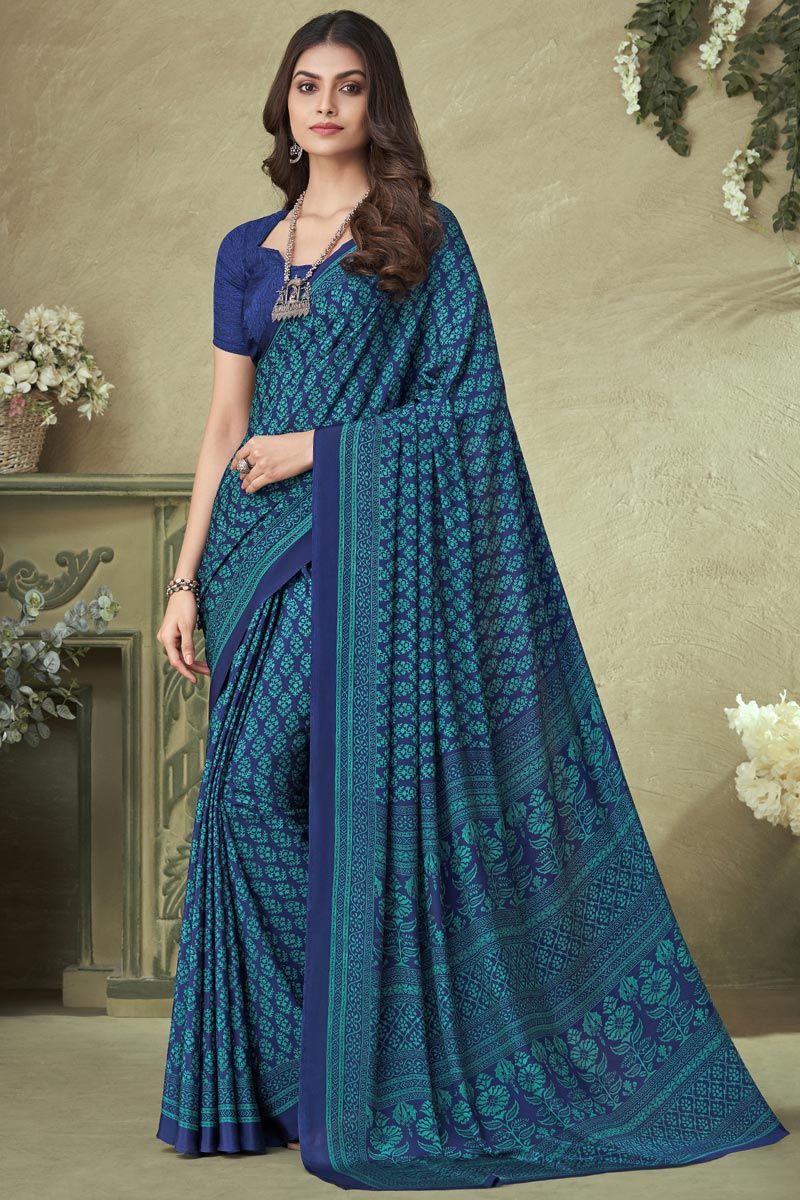 Crepe Silk Blue Color Printed Saree