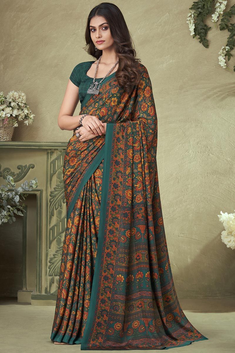 Green Color Crepe Silk Printed Saree