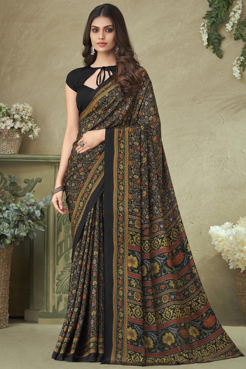 Crepe Silk Printed Saree In Black Color