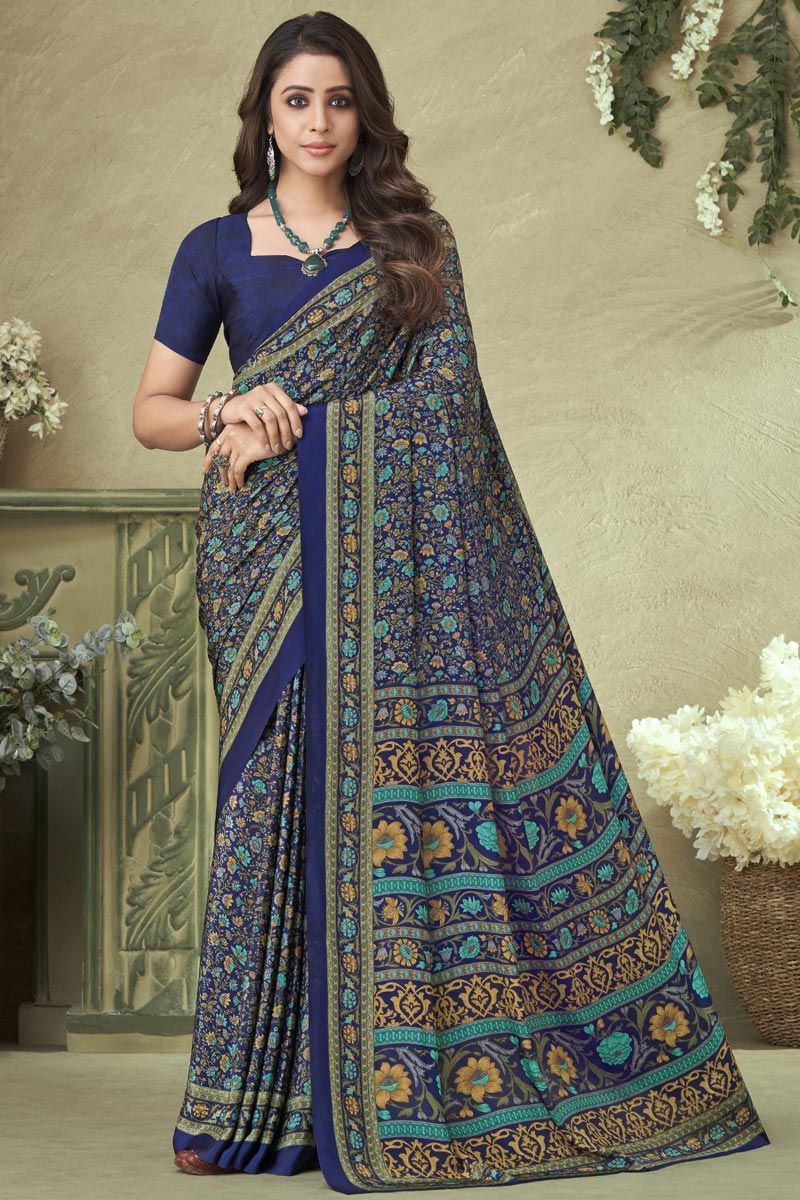 Blue Color Crepe Silk Printed Saree