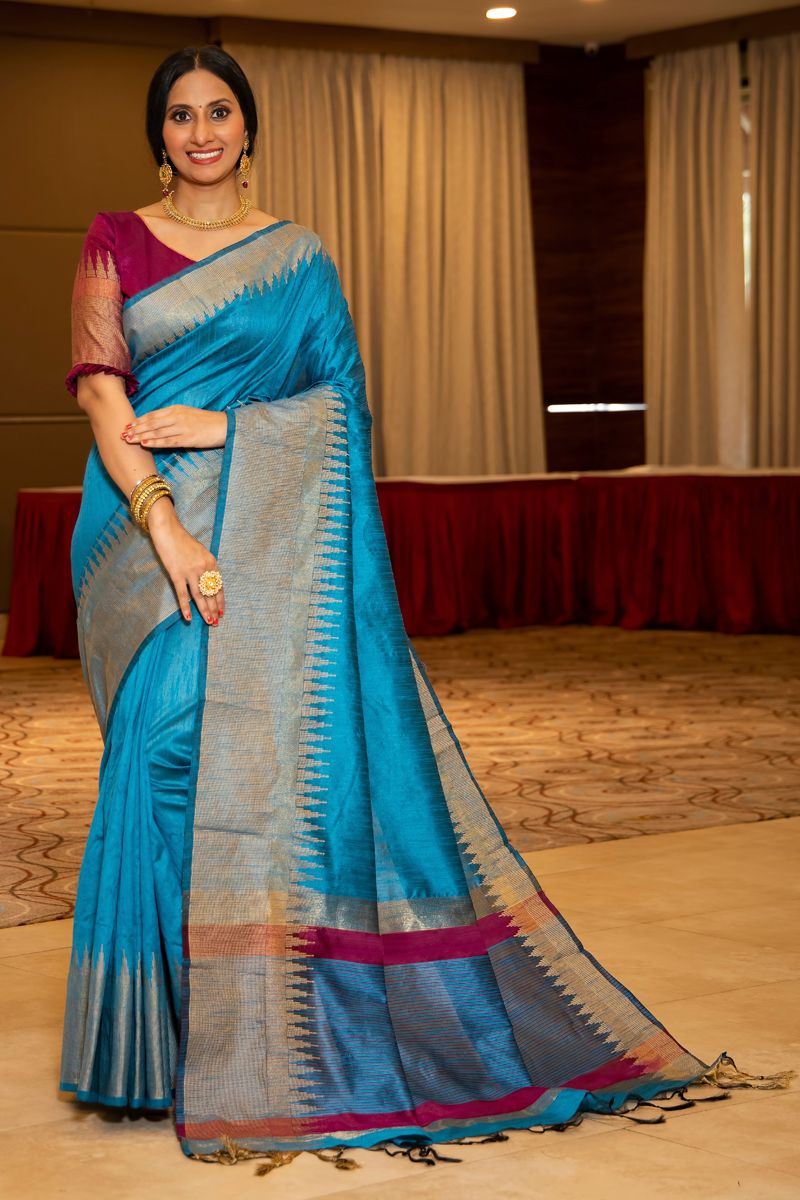 Art Silk Cyan Excellent Weaving Saree