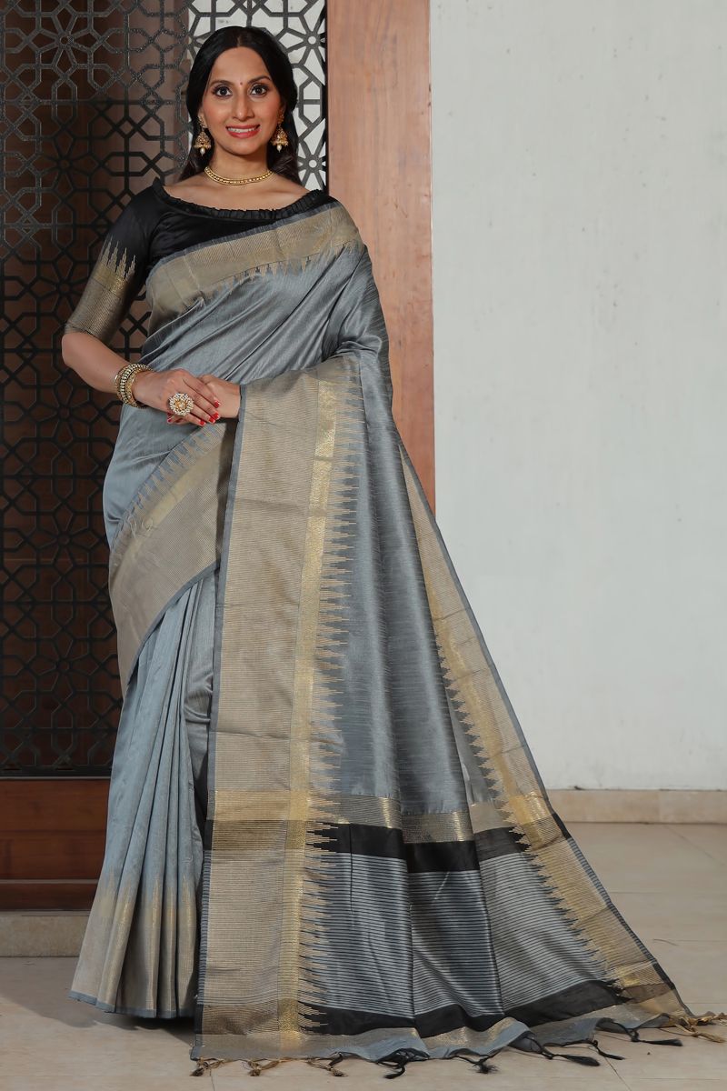 Charming Grey Art Silk Weaving Work Saree