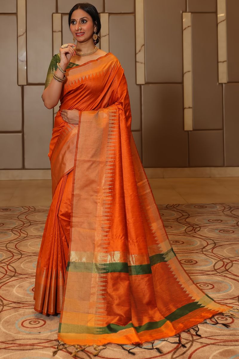 Fascinating Orange Art Silk Weaving Saree