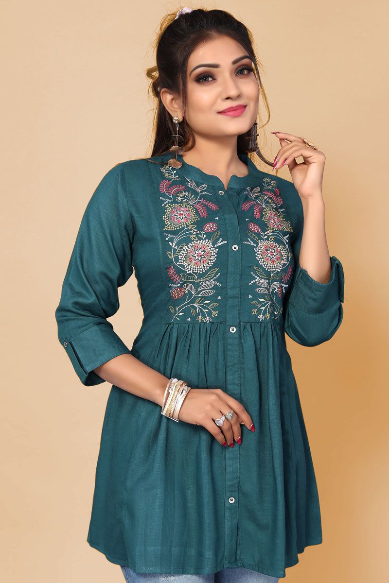 Rayon Fabric Teal Color Short Kurti With Winsome Embroidered Work