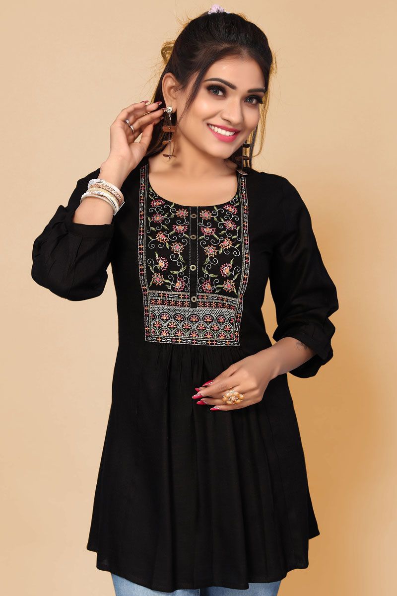 Incredible Embroidered Work On Rayon Fabric Black Color Short Kurti