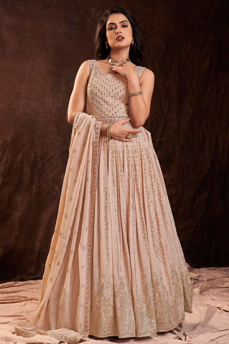 Soothing Party Look Georgette Gown With Dupatta In Peach Color