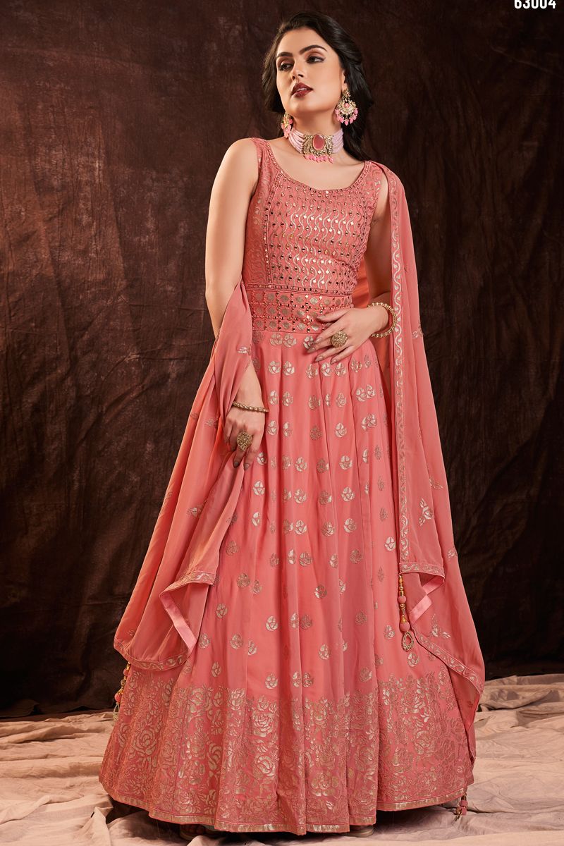 Blazing Peach Party Look Georgette Gown With Dupatta