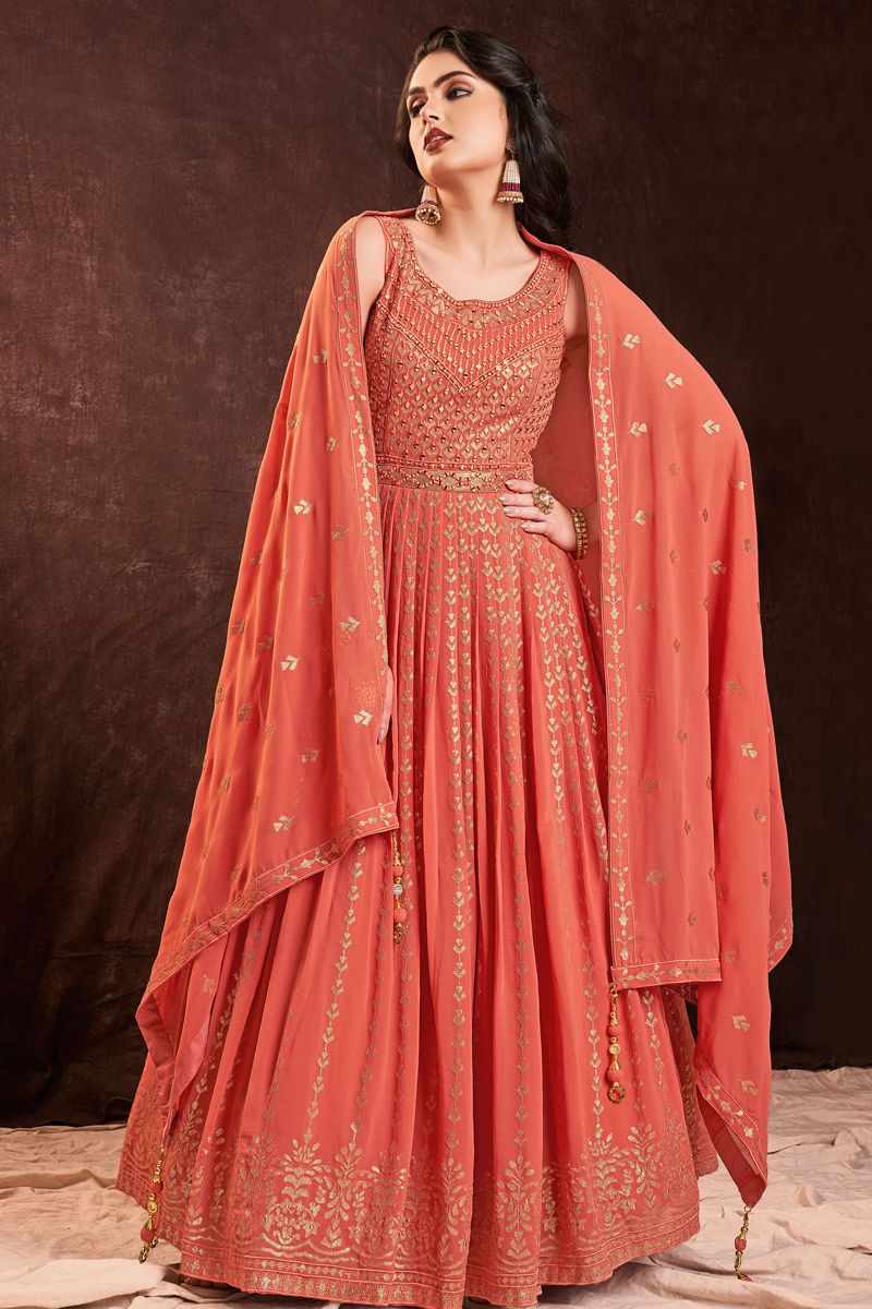 Alluring Orange Party Look Georgette Gown With Dupatta