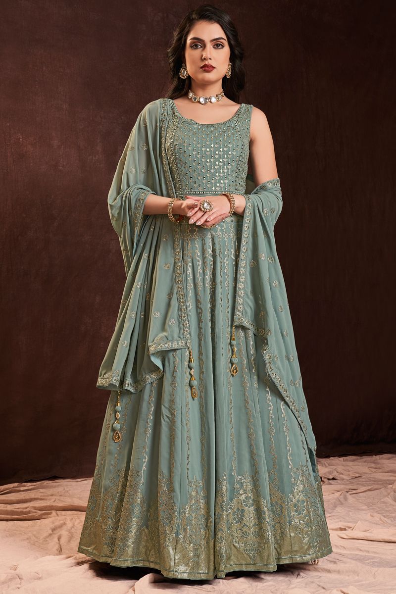 Winsome Olive Party Look Georgette Gown With Dupatta