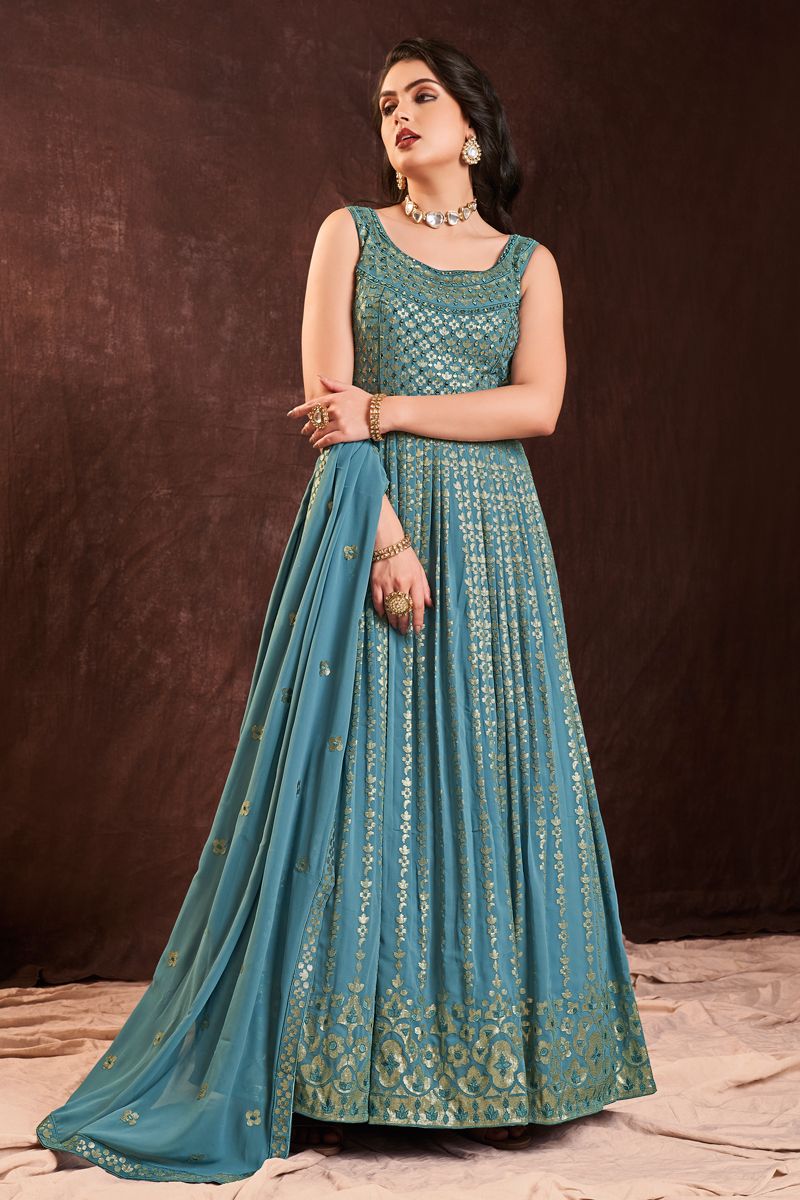 Sky Blue Gorgeous Party Look Georgette Gown With Dupatta