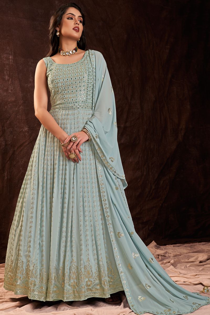 Imposing Party Look Georgette Gown With Dupatta In Light Cyan Color